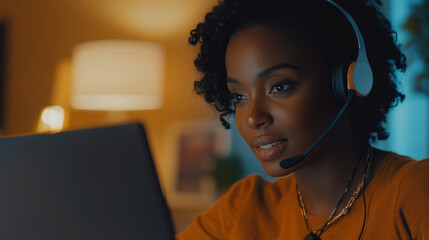 Poster - A woman wearing a headset is sitting in front of a laptop