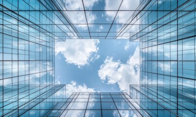 Poster - A view of the sky through a glass building, with the clouds and blue sky reflected in the windows.