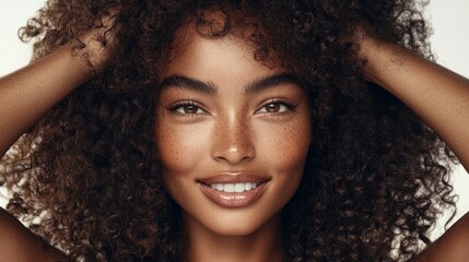 Poster - A woman with curly hair and a bright smile