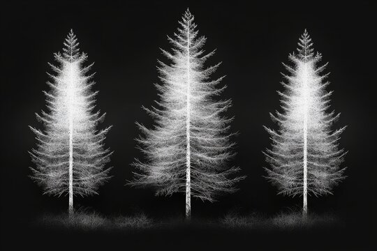 Black and white artistic rendering of three barren pine trees with snow covered branches set against a dark background creating a dramatic and minimalist winter scene