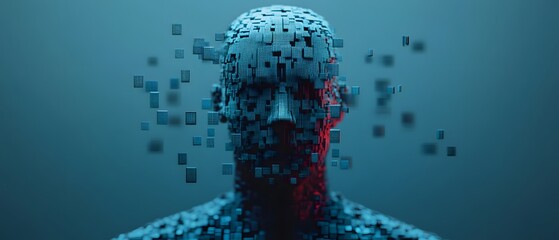 Aufkleber - Abstract representation of a digital human figure composed of floating squares and particles, illustrating the concept of technology merging with human identity in a futuristic setting.