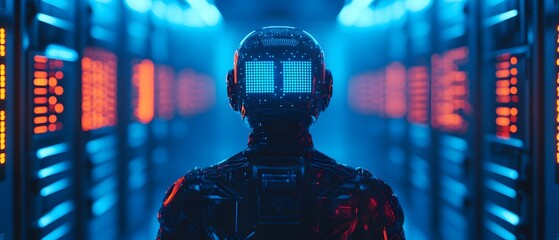 Aufkleber - Futuristic Robot with Digital Face and Glowing Lights in Data Center, Representing Advanced Technology and Artificial Intelligence Concepts