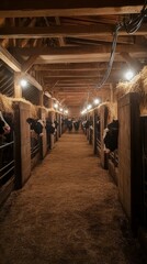 Poster - A long hallway with cows in stalls