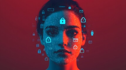 Poster - Digital Security Concept: Woman's Face Surrounded by Icons Representing Cybersecurity, Email Communication, and Data Privacy in a Vibrant Background