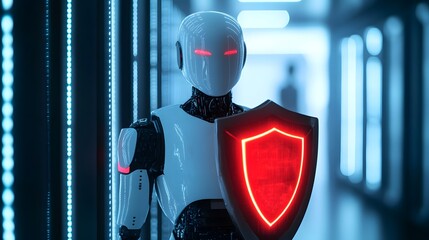 Poster - Futuristic Robot with Shield Standing Guard in High-Tech Data Center, Representing Security, Protection, and Advanced Technology Concepts in Modern Digital Era