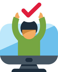 Poster - man is raising his hands in celebration, with a check mark symbol above his head on a computer scree