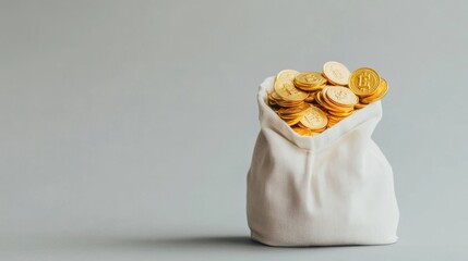 Wall Mural - A White Fabric Bag Filled with Numerous Golden Coins Symbolizing Wealth, Investment Opportunities, and Cryptocurrency Concepts on a Neutral Background