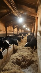 Poster - A group of cows are eating hay in a barn