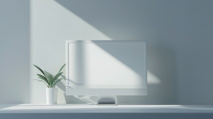 Poster - Minimalist workspace with computer and plant in sunlight.