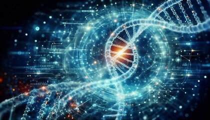 Wall Mural - Shiny dna double helix molecule on artistic blue coloured cyberspace