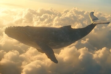  majestic giant humpback whale glides effortlessly across the sky, its massive body illuminated by the soft, golden light of the setting sun.