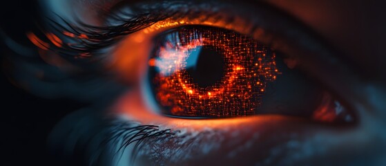 Poster - Close-Up of an Eye with a Pixelated Orange Digital Effect Reflecting Data and Technology Concepts in a Dark Background