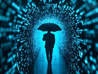 Poster - Mysterious Figure Holding Umbrella in a Blue Digital Light Tunnel Creating a Surreal and Enigmatic Atmosphere for Abstract Futuristic Concepts