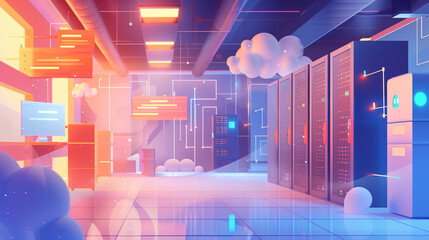 Poster - augmented reality view of a cloud server room with layers of firewall protection, real-time data enc