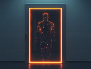 Poster - A Glowing Silhouette Emerging from a Neon-Framed Doorway, Representing a Fusion of Technology and Humanity in a Futuristic Environment