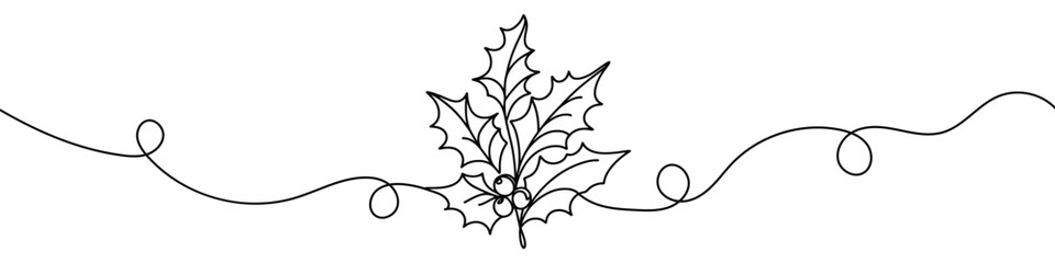 Wall Mural - continuous line drawing of holly berries and leaves creating a festive image for christmas projects.