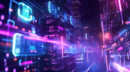 Fototapete - holographic cloud database with visualized data flow, multi-level encryption shields, and active sec