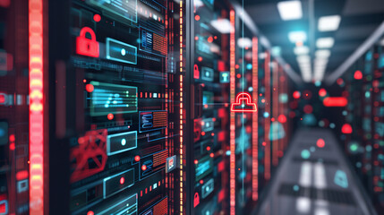 Poster - holographic cloud database with visualized data flow, multi-level encryption shields, and active sec