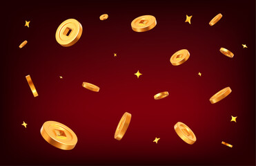 Wall Mural - 3d flying ancient old gold coins of china with stars on wine isolated background. rich or casino luc