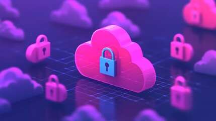 Poster - Secure Cloud Storage Concept with Padlock Symbolizing Data Protection and Privacy in Digital Environment with Vibrant Colors and Modern Aesthetic