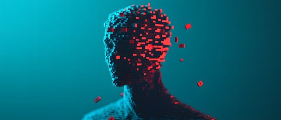 Aufkleber - Abstract Representation of Digital Transformation with Fragmented Human Figure Evolving in Vibrant Colors and Geometric Shapes Against a Futuristic Background