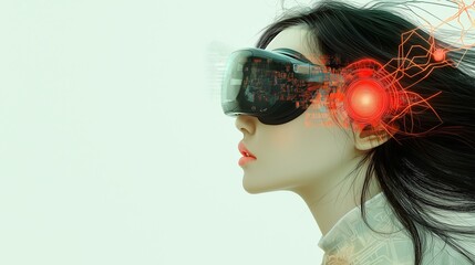 Poster - Girl in hi-tech VR glasses with elements of artificial intelligence. Background in a high-tech style. Shining lines resembling neural networks, connections, and digital circuits.