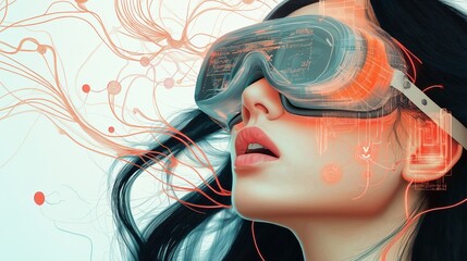 Poster - Girl in hi-tech VR glasses on a white back. Background in a high-tech style. Shining lines resembling neural networks, connections, and digital circuits.