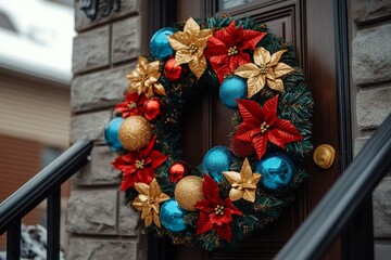 Wall Mural - Lush Christmas wreath with orange slices pinecones and vibrant greenery on a dark background combining rustic elements with festive seasonal charm