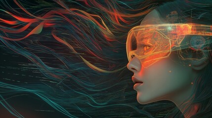 Poster - long haired girl in hi-tech VR glasses with elements of artificial intelligence. Background in a high-tech style.