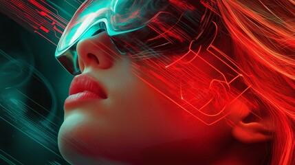 Poster - Girl in hi-tech VR glasses with elements of artificial intelligence. Background in a high-tech style. Shining lines resembling neural networks, connections, and digital circuits.