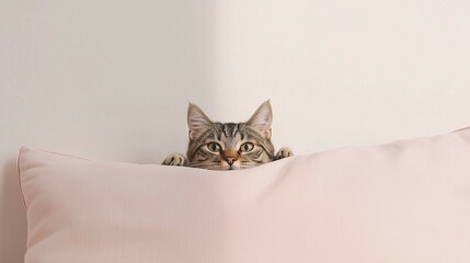 Wall Mural - Detail of sleeping cat's head peering out of pink duvet on girl's bed 
