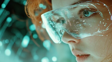 Poster - Girl in hi-tech VR glasses with elements of artificial intelligence. Background in a high-tech style. Shining lines resembling neural networks, connections, and digital circuits.