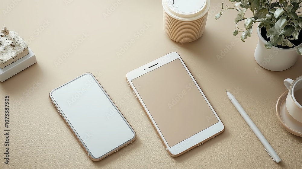 Explore the latest trends in mobile technology with sleek smartphones and tablets on a stylish desk setup