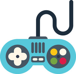 Poster - blue retro gamepad with colorful buttons and a directional pad is connected with a black cable on a 