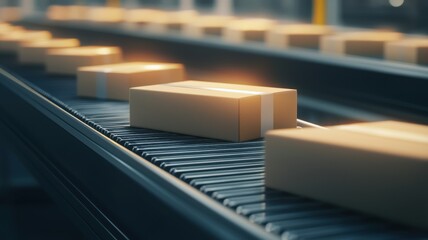 Poster - Automated Robot Sorting Packages on Conveyor Belt with Soft Lighting in Modern Warehouse Environment for Logistics and Delivery Solutions