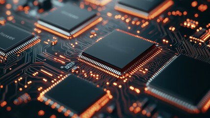Poster - Automated Assembly Line for Producing Intricate Electronics with Detailed Circuitry and Microchips on a Vibrant Background