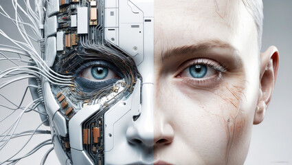 Poster - Close-up of a stylized humanoid face, half human, half robot. Artificial intelligence concept.