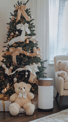 Poster - A teddy bear sits next to a Christmas tree