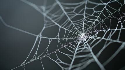 Close-up spider web on dark background, macro shot of delicate spiderweb structure, detailed spider web for halloween and nature design