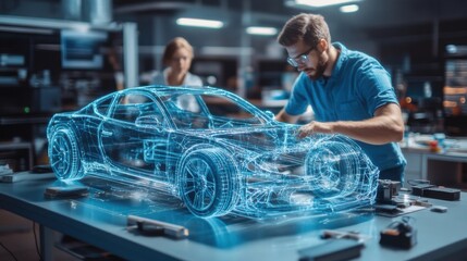 
Two engineers developers standing in front of futuristic holographic table in design studio and developing cars