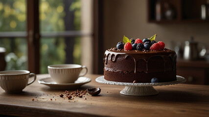 Wall Mural - Traditional Christmas Chocolate cake on the cake stand, winter holidays treat.	