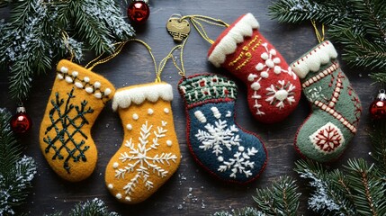 Ornaments shaped like mittens and stockings made from felt, with stitched snowflakes and festive details