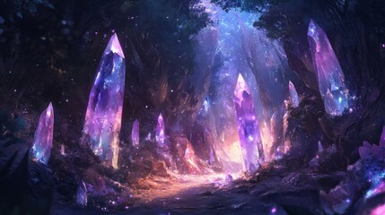 Wall Mural - a cave filled with crystals and gems, large, colourful, bright, sparkling, dangerous, dark, AI Generative