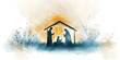 © Prasanth - Watercolor painting representing Nativity scene in Bethlehem. Christmas scene illustration showing holy family baby Jesus in the manger Joseph and Mary. Banner. Copy space