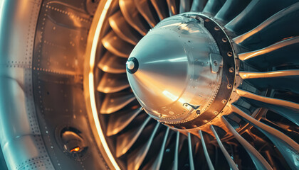 Close up of a jet engine with a metallic blue color. The engine is very detailed and has a lot of small parts. Concept of awe and admiration for the engineering and design of the jet engine