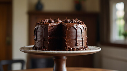 Wall Mural - Traditional Christmas Chocolate cake on the cake stand, winter holidays treat.	