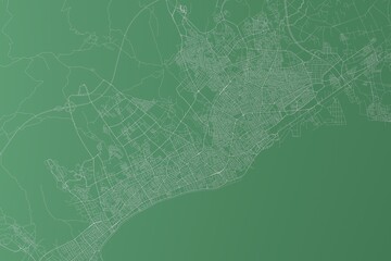 Wall Mural - Stylized map of the streets of Mersin (Turkey) made with white lines on green background. Top view. 3d render, illustration