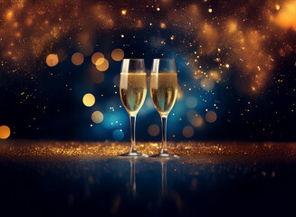 Poster - Two champagne flutes filled with sparkling wine stand on a golden surface against a dark blue background with bokeh lights.