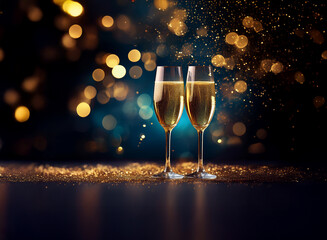 Poster - Two champagne flutes filled with sparkling wine sit on a table with gold glitter against a bokeh background.