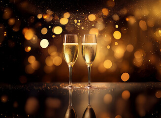 Poster - Two champagne flutes filled with sparkling wine rest on a reflective surface against a bokeh background.